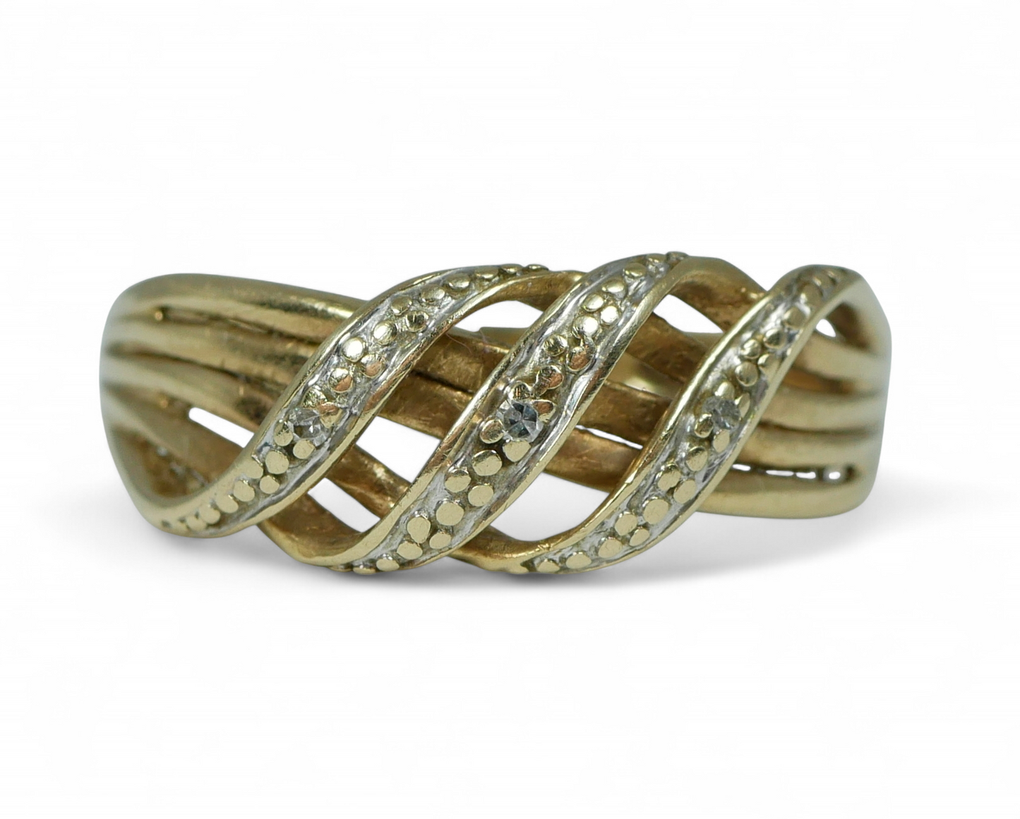 Contemporary Solid 9ct Yellow Gold & Diamond Crossover Dress Ring Size 6 L 51