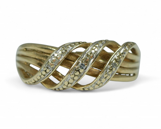 Contemporary Solid 9ct Yellow Gold & Diamond Crossover Dress Ring Size 6 L 51
