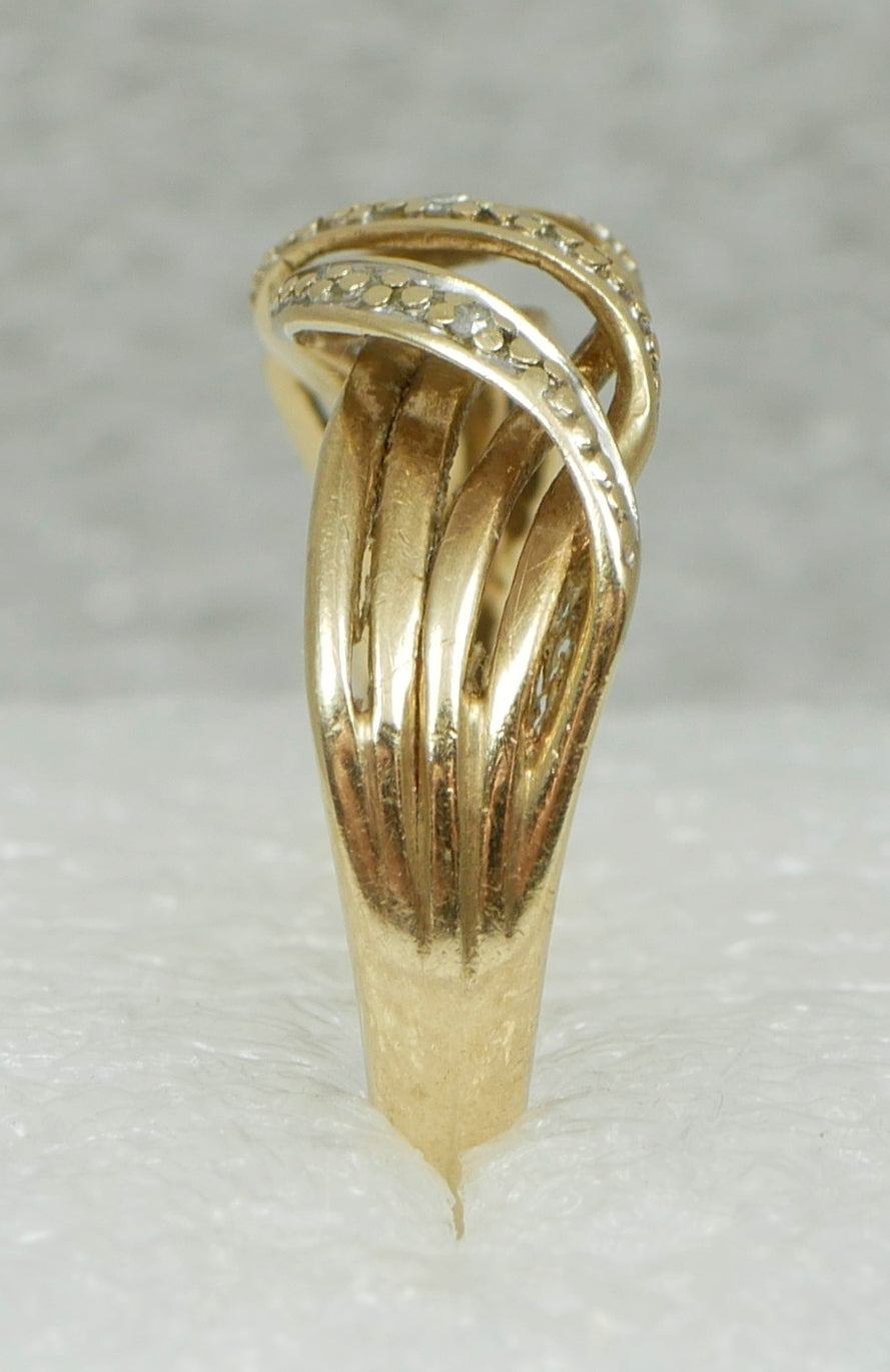 Contemporary Solid 9ct Yellow Gold & Diamond Crossover Dress Ring Size 6 L 51