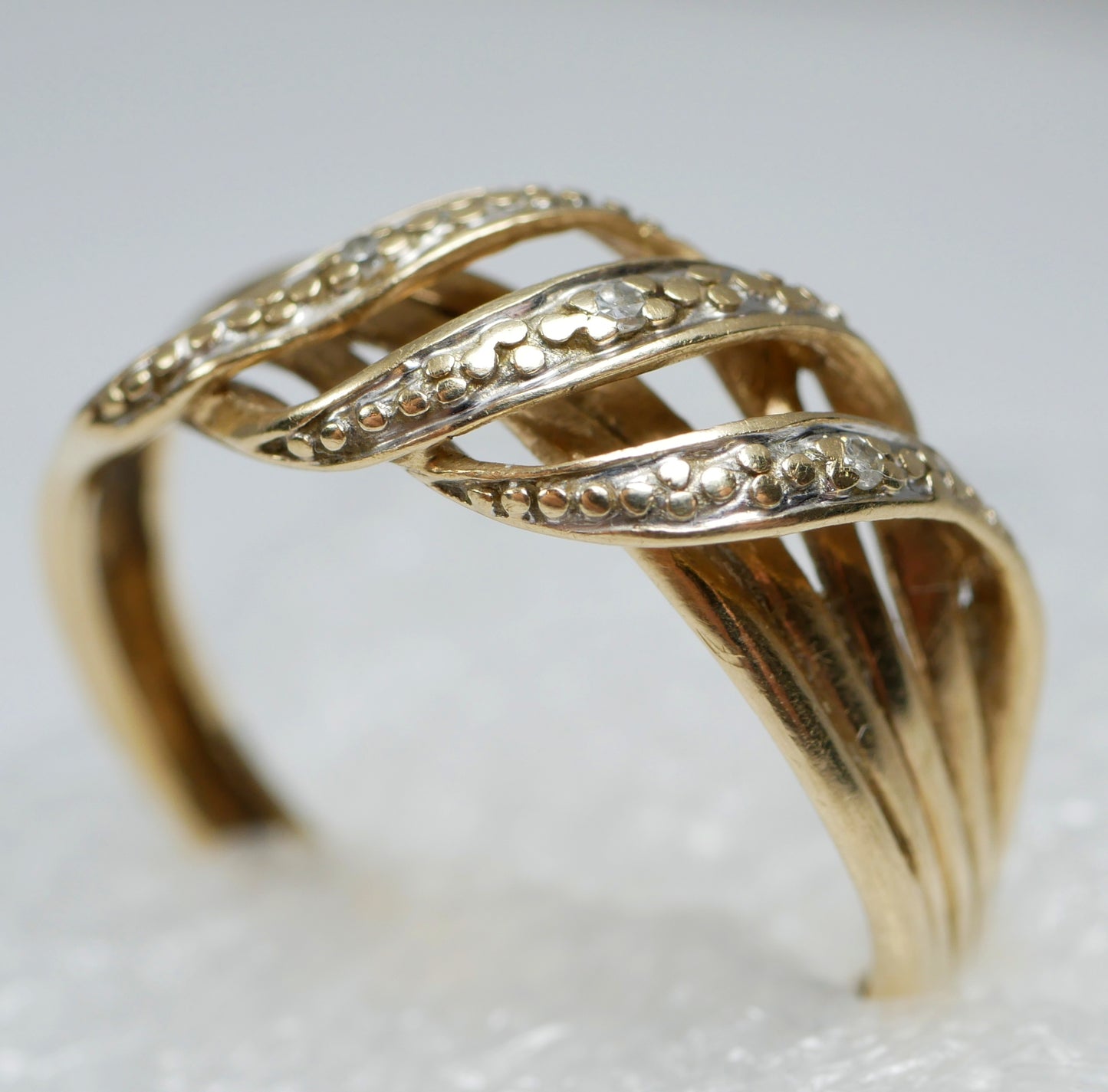 Contemporary Solid 9ct Yellow Gold & Diamond Crossover Dress Ring Size 6 L 51