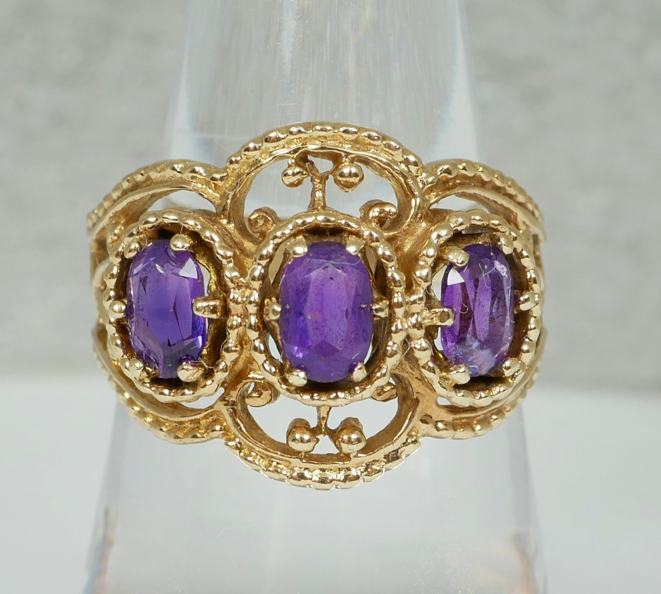 Vintage Solid 9ct Yellow Gold 3 Stone Amethyst Filigree Dress Ring Size 8 P 56