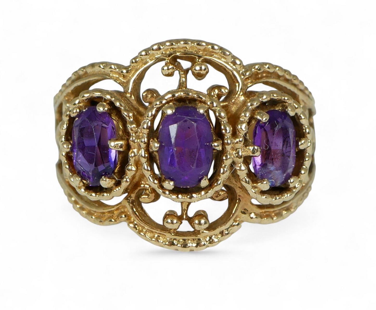 Vintage Solid 9ct Yellow Gold 3 Stone Amethyst Filigree Dress Ring Size 8 P 56