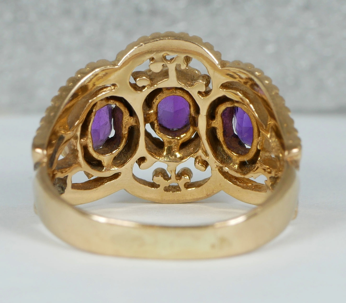 Vintage Solid 9ct Yellow Gold 3 Stone Amethyst Filigree Dress Ring Size 8 P 56