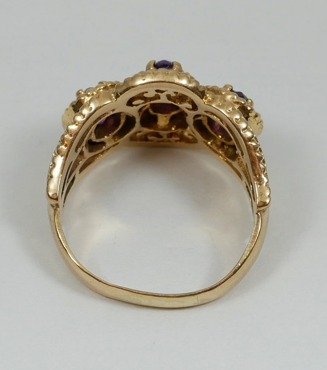 Vintage Solid 9ct Yellow Gold 3 Stone Amethyst Filigree Dress Ring Size 8 P 56