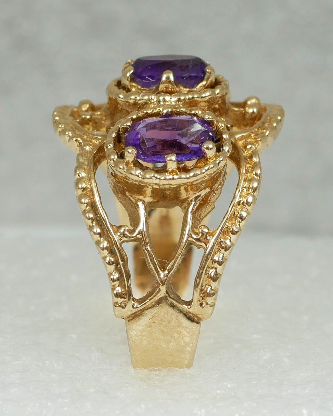 Vintage Solid 9ct Yellow Gold 3 Stone Amethyst Filigree Dress Ring Size 8 P 56