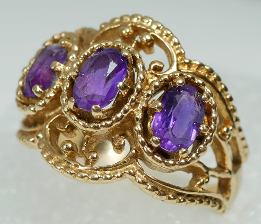 Vintage Solid 9ct Yellow Gold 3 Stone Amethyst Filigree Dress Ring Size 8 P 56