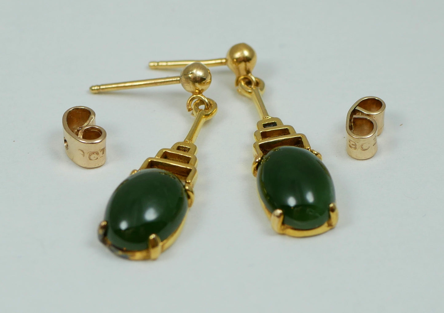 Vintage Pair of Solid 9ct Yellow Gold & Jade Cabochon 27mm Stud Earrings Set 375