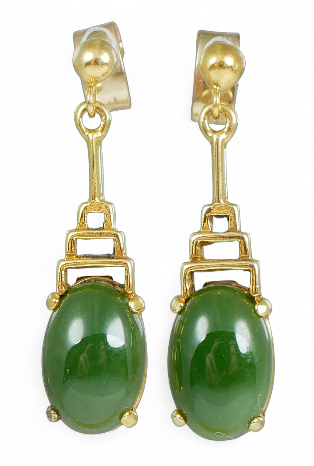Vintage Pair of Solid 9ct Yellow Gold & Jade Cabochon 27mm Stud Earrings Set 375