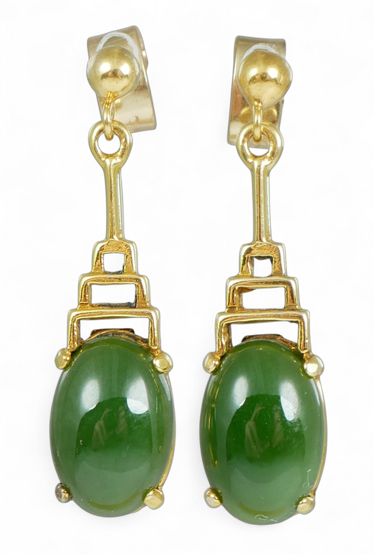 Vintage Pair of Solid 9ct Yellow Gold & Jade Cabochon 27mm Stud Earrings Set 375