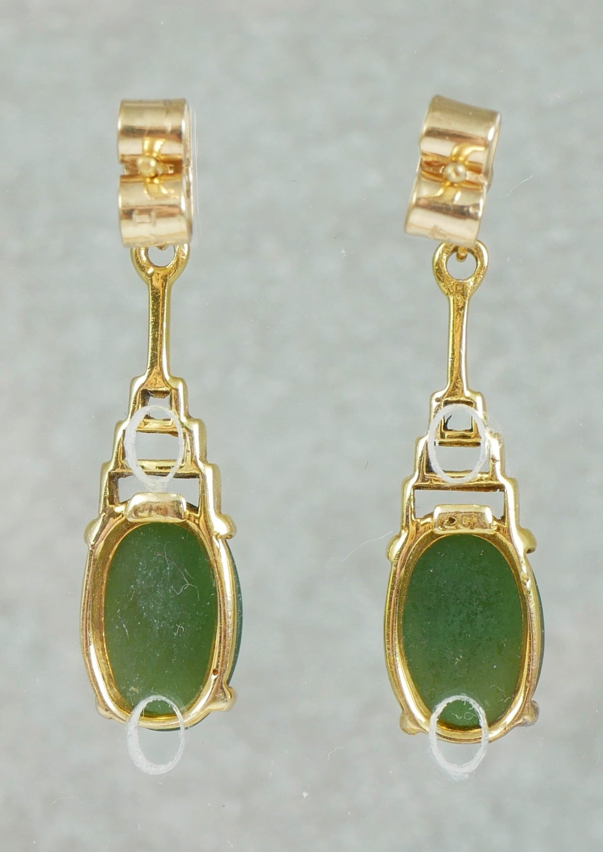 Vintage Pair of Solid 9ct Yellow Gold & Jade Cabochon 27mm Stud Earrings Set 375