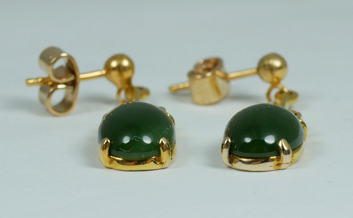 Vintage Pair of Solid 9ct Yellow Gold & Jade Cabochon 27mm Stud Earrings Set 375