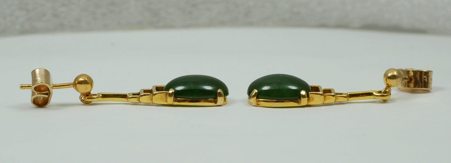 Vintage Pair of Solid 9ct Yellow Gold & Jade Cabochon 27mm Stud Earrings Set 375