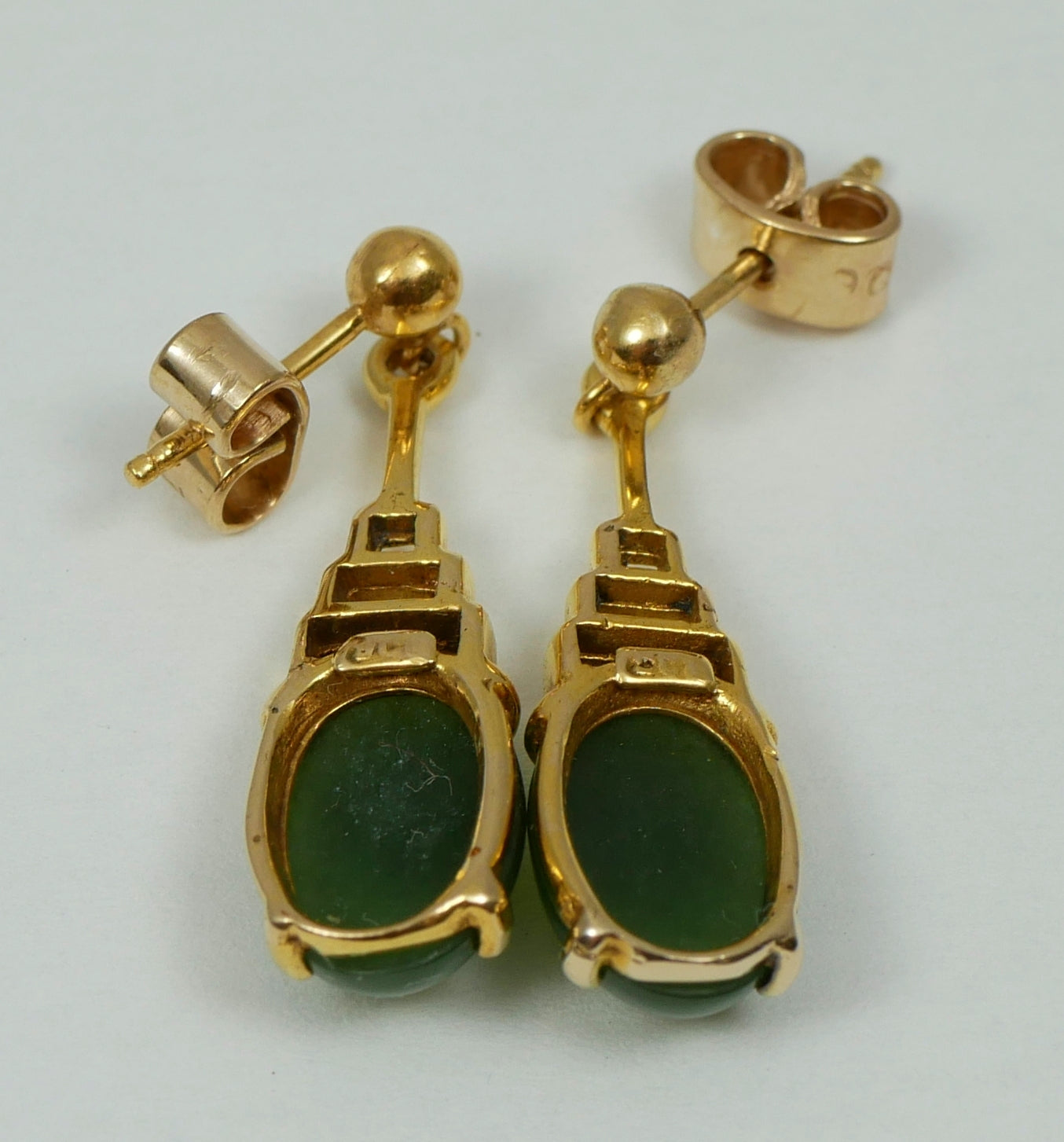 Vintage Pair of Solid 9ct Yellow Gold & Jade Cabochon 27mm Stud Earrings Set 375