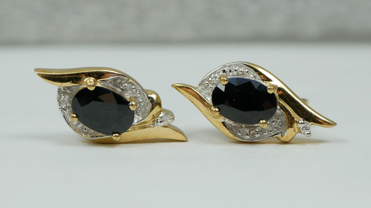 Modern Pair of Solid 9ct Yellow Gold Blue Sapphire & Diamond Stud Earrings Set