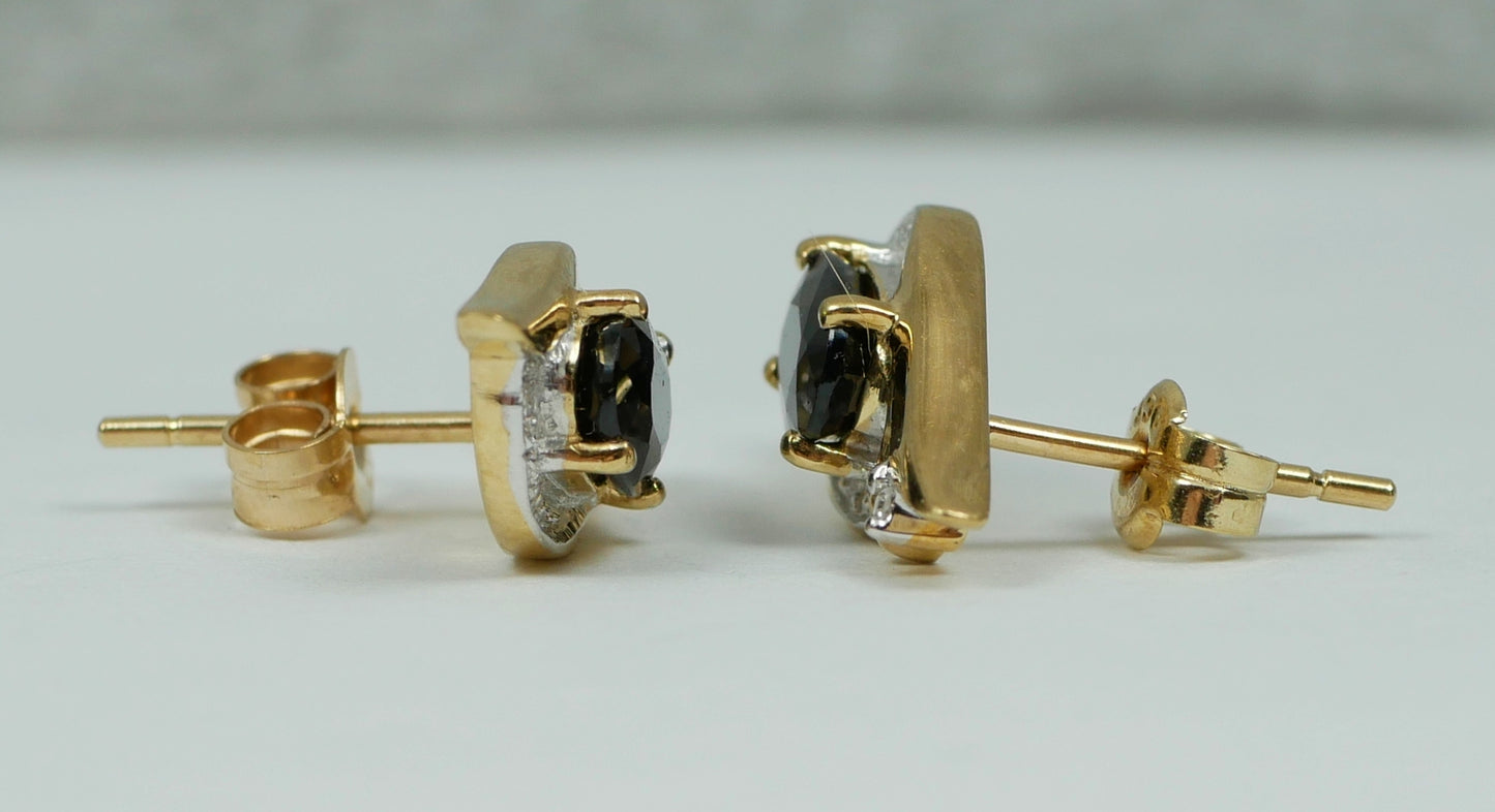 Modern Pair of Solid 9ct Yellow Gold Blue Sapphire & Diamond Stud Earrings Set