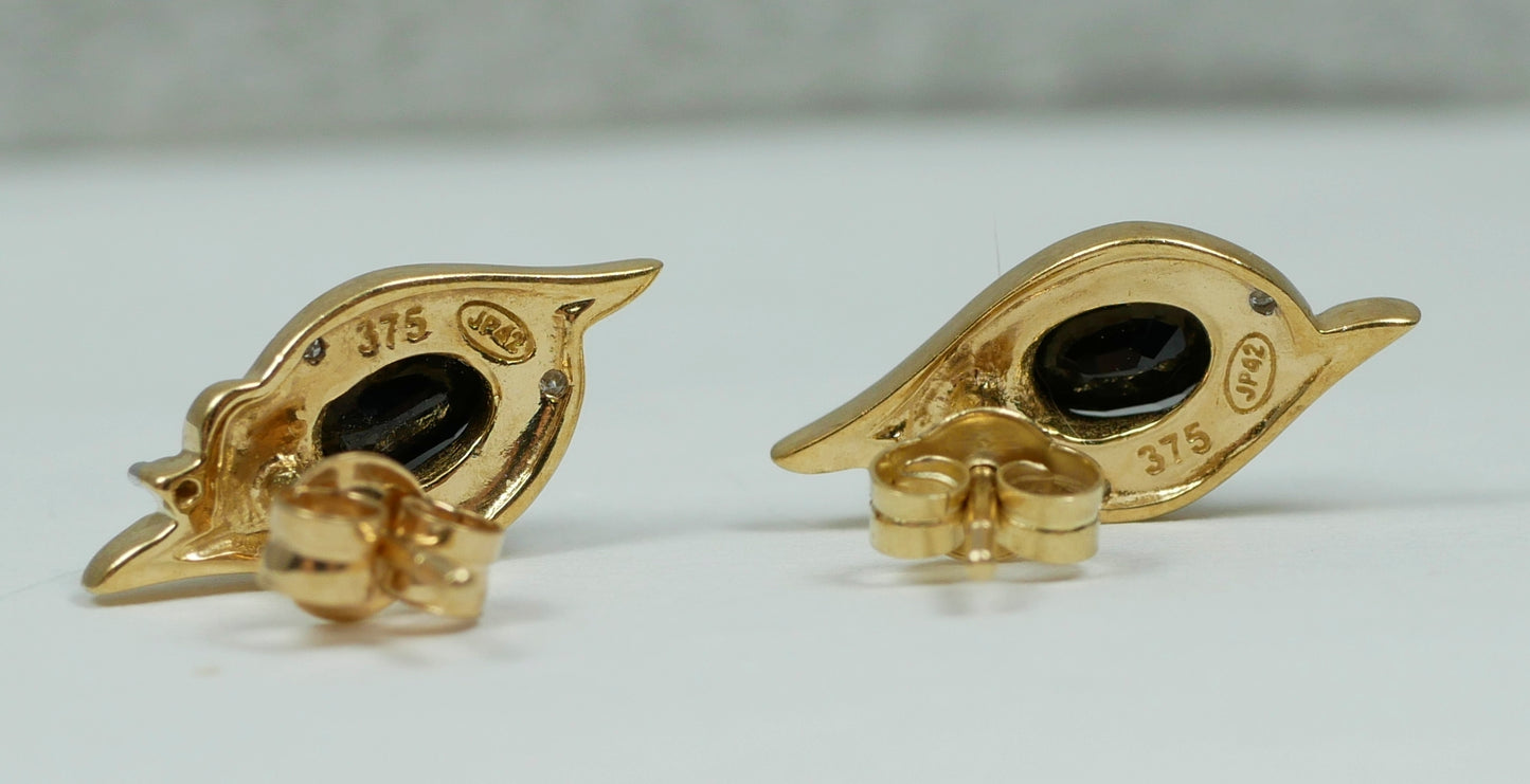 Modern Pair of Solid 9ct Yellow Gold Blue Sapphire & Diamond Stud Earrings Set