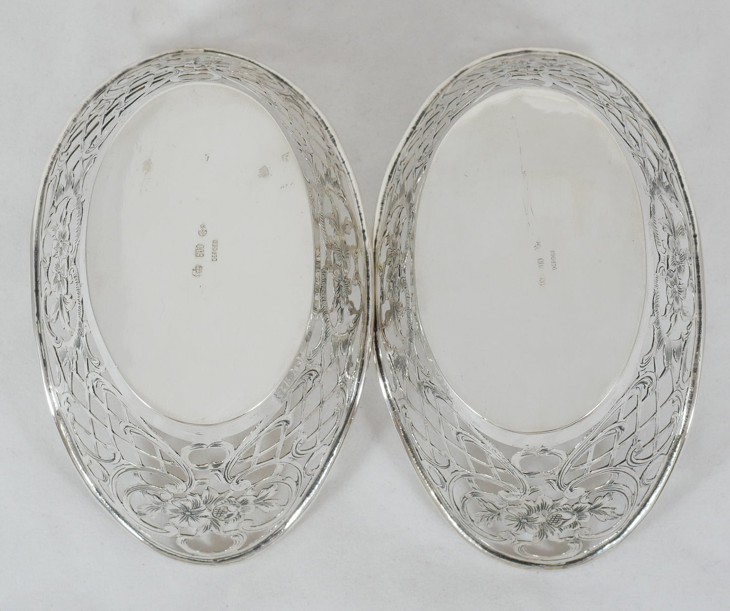 Antique German Pair of Solid 800 Silver Bon Bon Lolly Bowls Dish Set Sterling