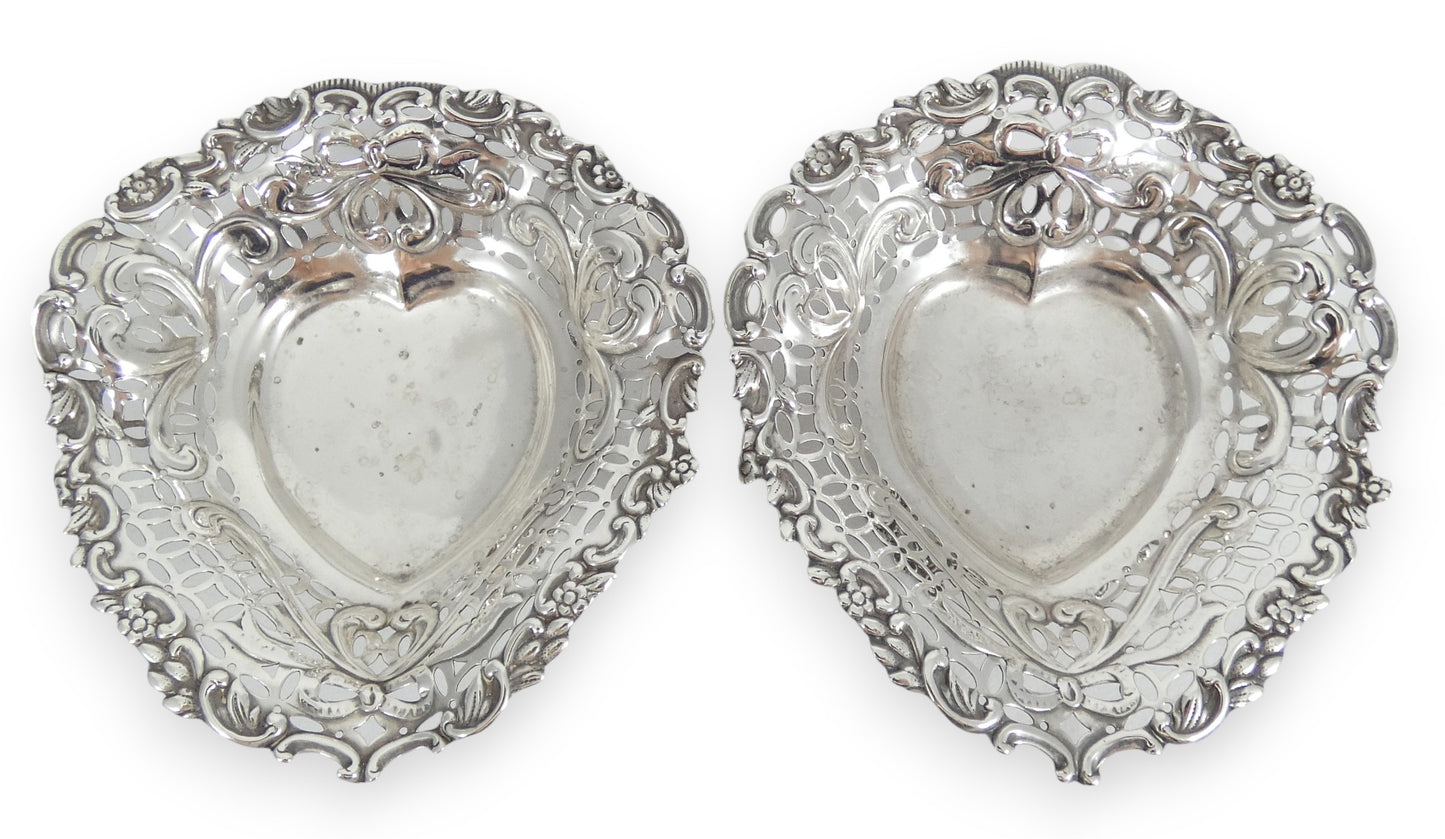 Antique Victorian 1894 Pair of Sterling Silver Heart Bon Bon Lolly Dishes Bowls
