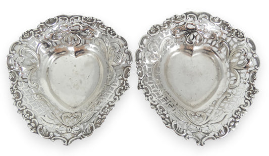 Antique Victorian 1894 Pair of Sterling Silver Heart Bon Bon Lolly Dishes Bowls