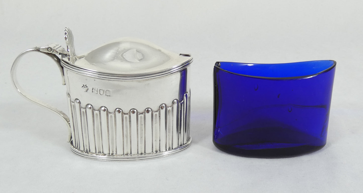 Antique Victorian 1896 Large Oval Sterling Silver Blue Glass Mustard Pot Cruet