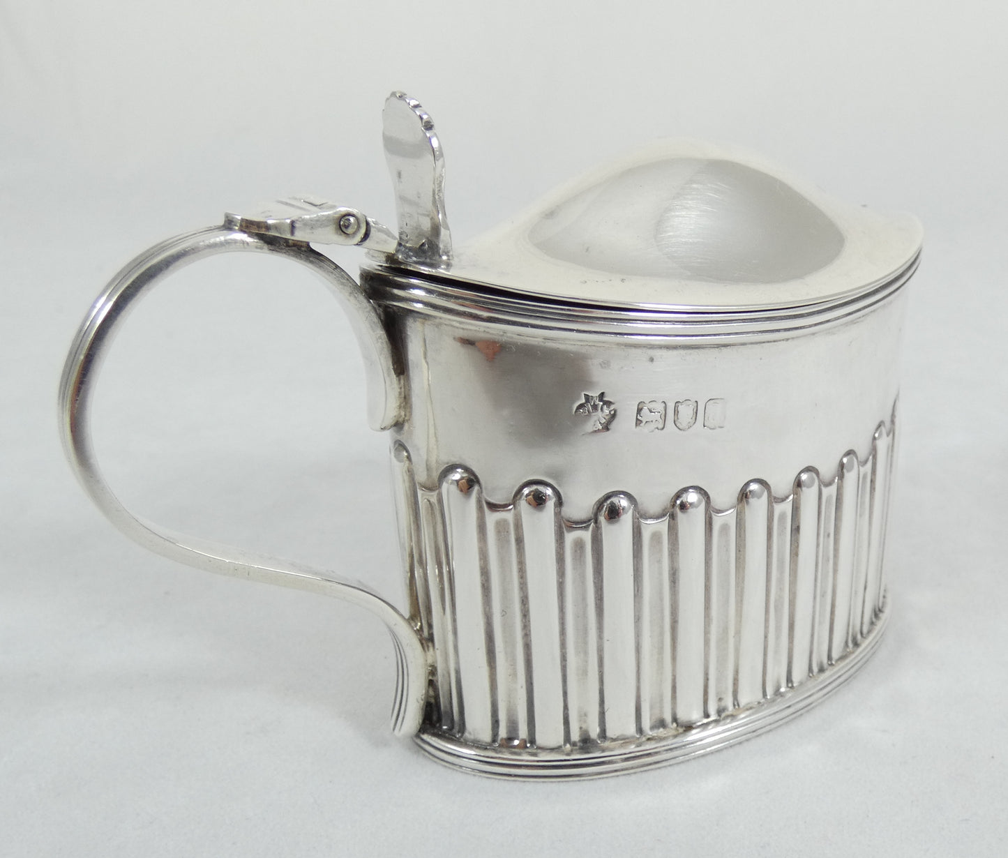 Antique Victorian 1896 Large Oval Sterling Silver Blue Glass Mustard Pot Cruet