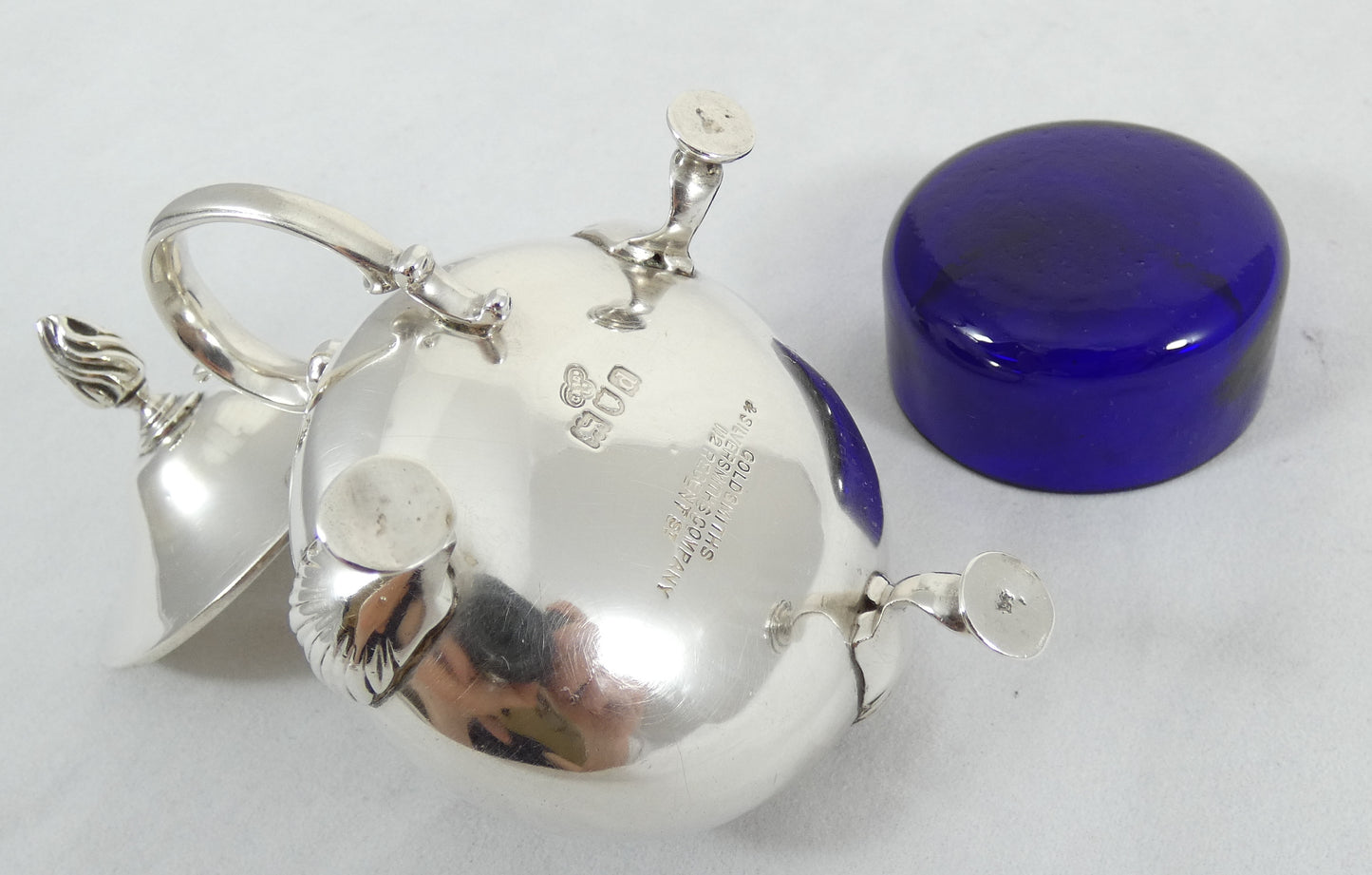 Antique Victorian 1899 Sterling Silver Blue Glass Cauldron Mustard Pot Cruet Set