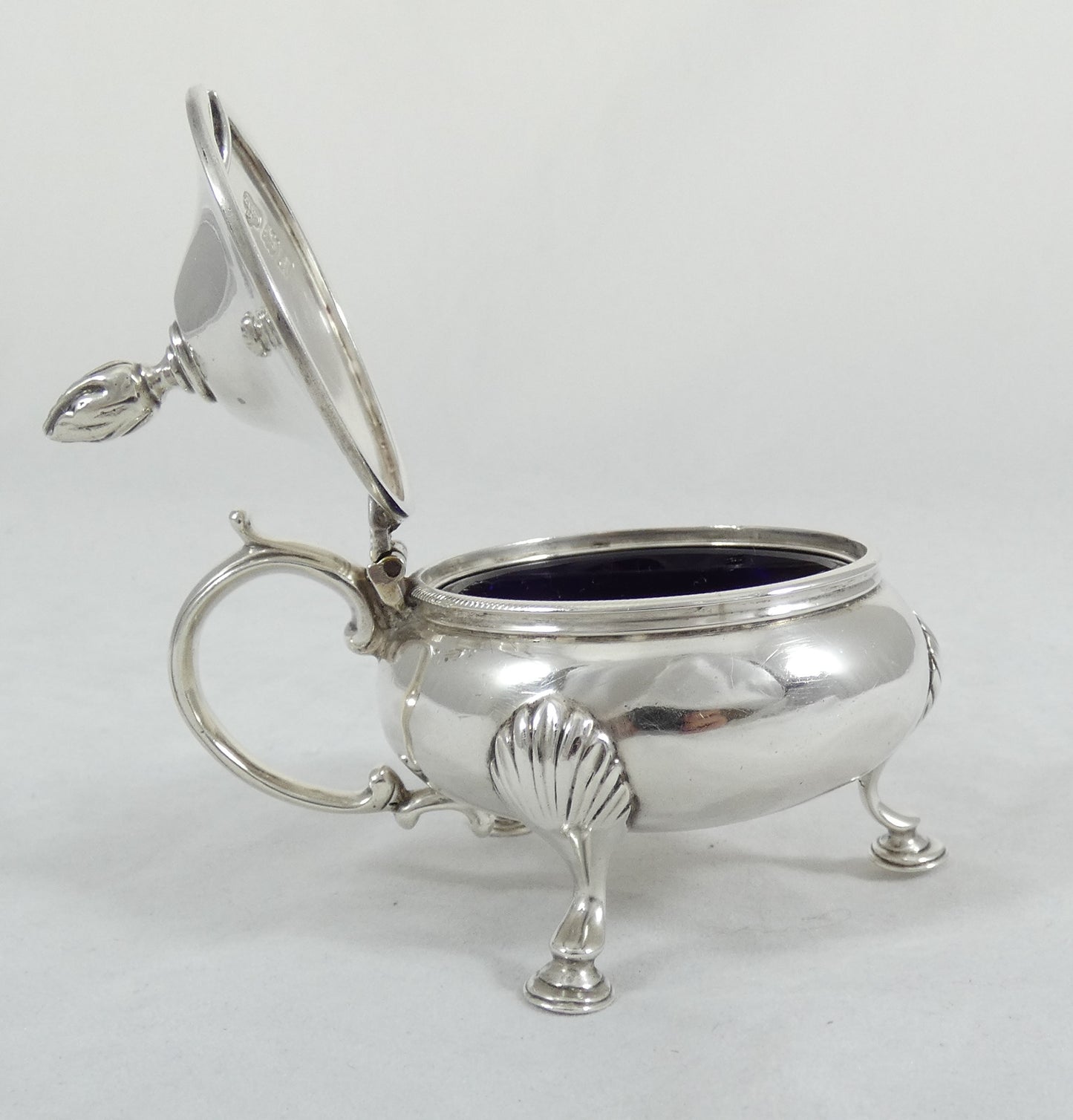 Antique Victorian 1899 Sterling Silver Blue Glass Cauldron Mustard Pot Cruet Set