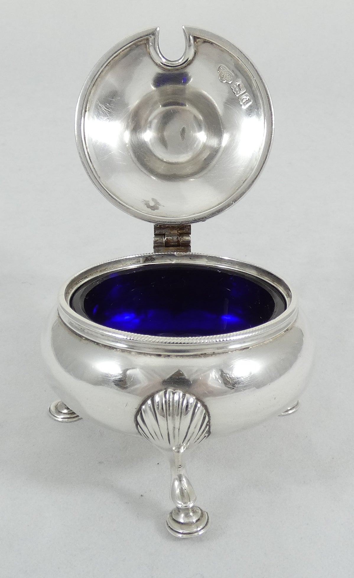 Antique Victorian 1899 Sterling Silver Blue Glass Cauldron Mustard Pot Cruet Set