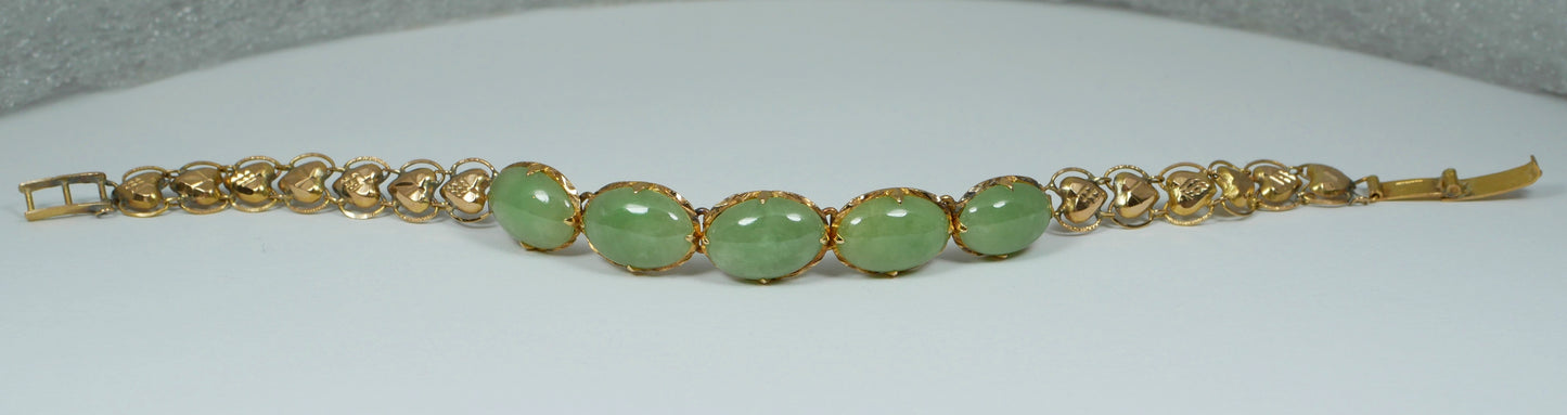 Vintage Chinese Solid 18ct Yellow Gold & Jade Cabochon 16cm 6" Panel Bracelet