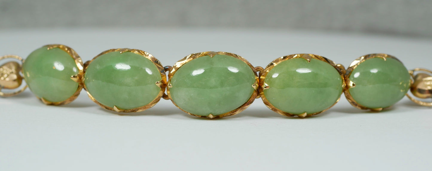 Vintage Chinese Solid 18ct Yellow Gold & Jade Cabochon 16cm 6" Panel Bracelet