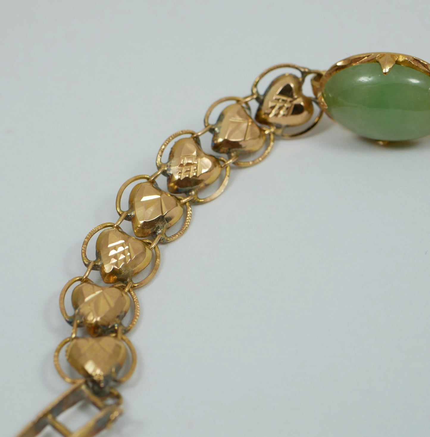 Vintage Chinese Solid 18ct Yellow Gold & Jade Cabochon 16cm 6" Panel Bracelet