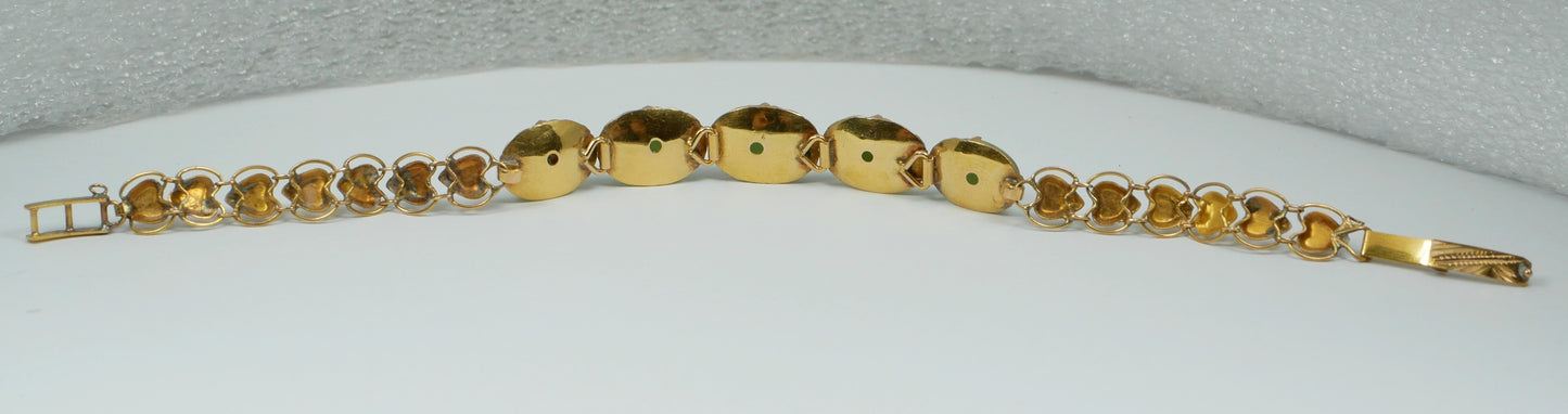 Vintage Chinese Solid 18ct Yellow Gold & Jade Cabochon 16cm 6" Panel Bracelet