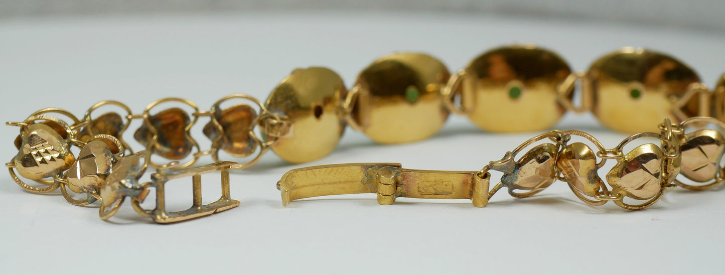 Vintage Chinese Solid 18ct Yellow Gold & Jade Cabochon 16cm 6" Panel Bracelet