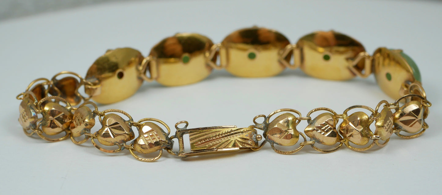Vintage Chinese Solid 18ct Yellow Gold & Jade Cabochon 16cm 6" Panel Bracelet