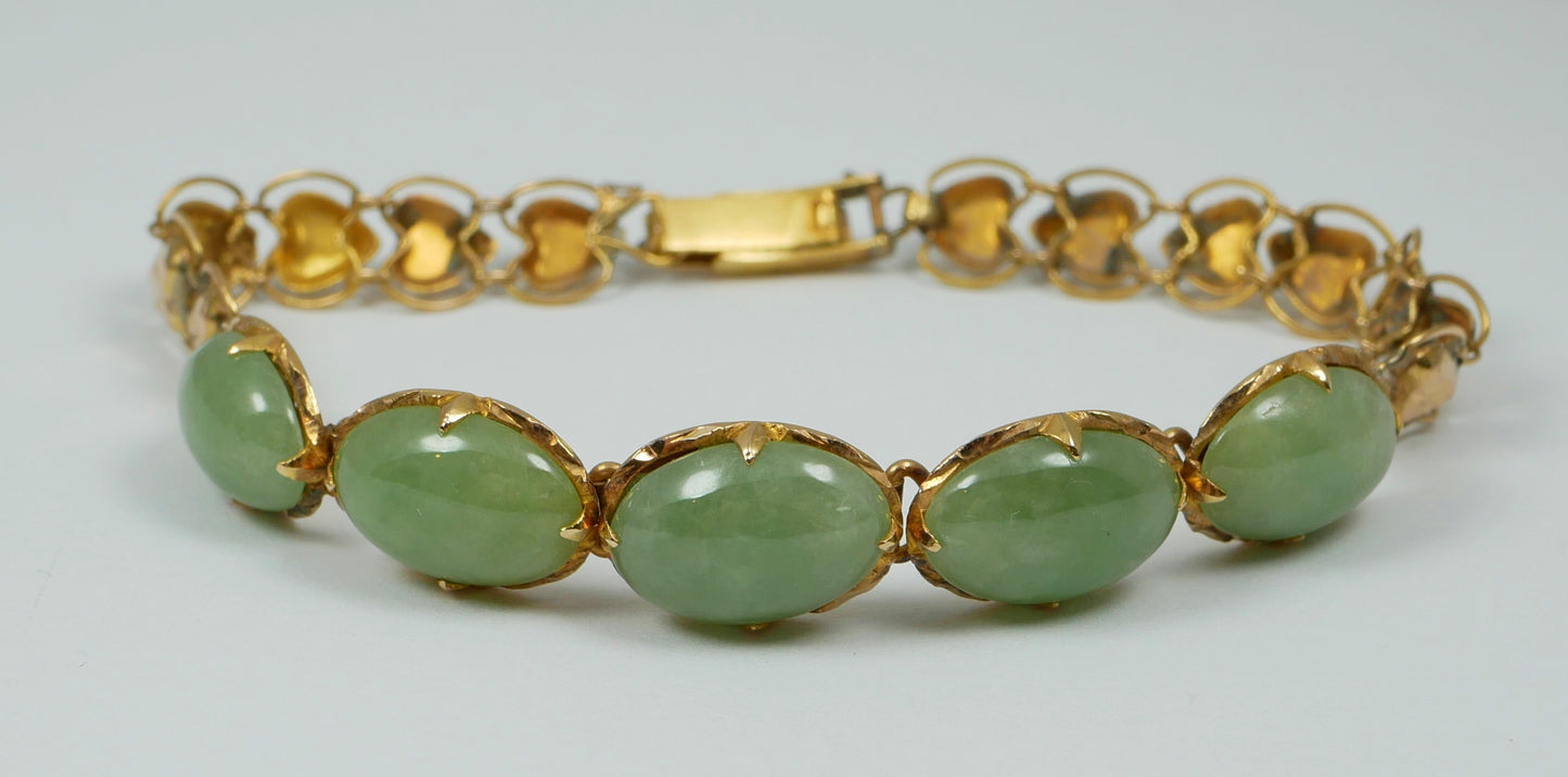 Vintage Chinese Solid 18ct Yellow Gold & Jade Cabochon 16cm 6" Panel Bracelet