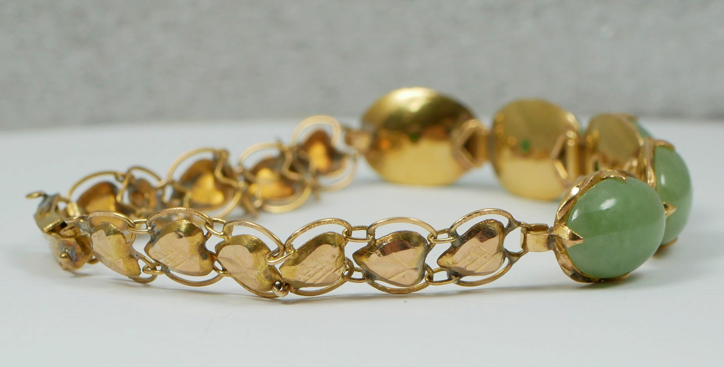 Vintage Chinese Solid 18ct Yellow Gold & Jade Cabochon 16cm 6" Panel Bracelet