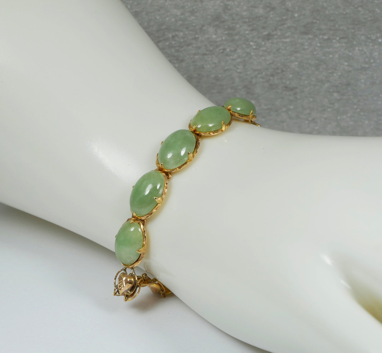 Vintage Chinese Solid 18ct Yellow Gold & Jade Cabochon 16cm 6" Panel Bracelet