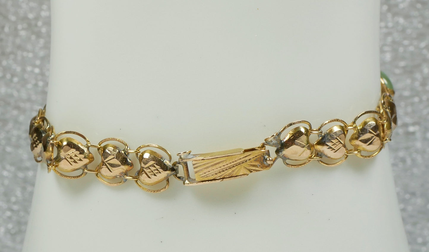 Vintage Chinese Solid 18ct Yellow Gold & Jade Cabochon 16cm 6" Panel Bracelet