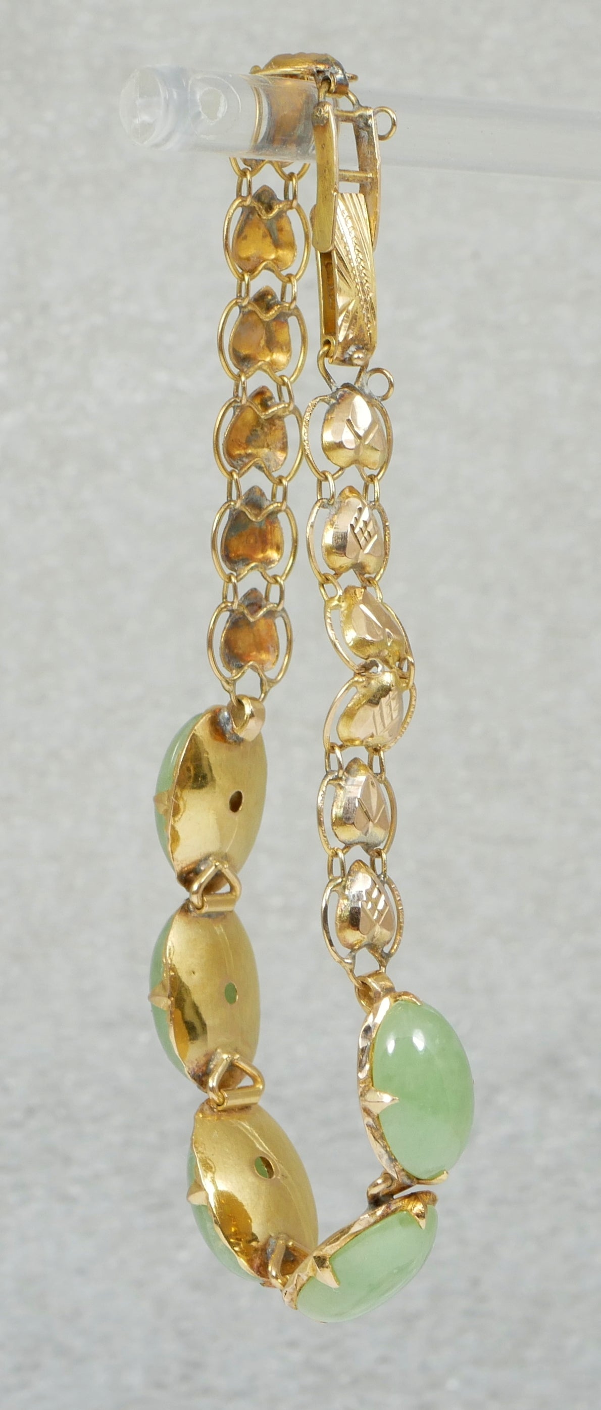 Vintage Chinese Solid 18ct Yellow Gold & Jade Cabochon 16cm 6" Panel Bracelet