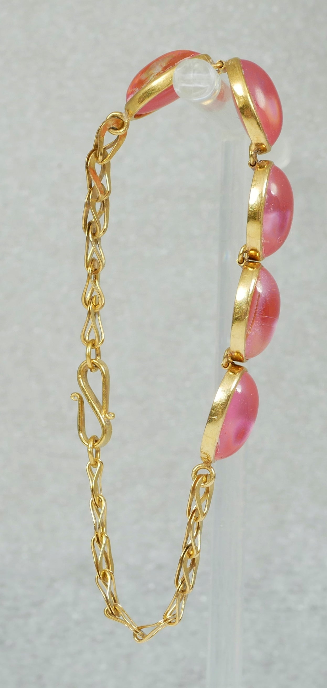 Vintage Chinese Solid 21ct Yellow Gold Pink Cat's Eye Stone 16cm 6" Bracelet Cat