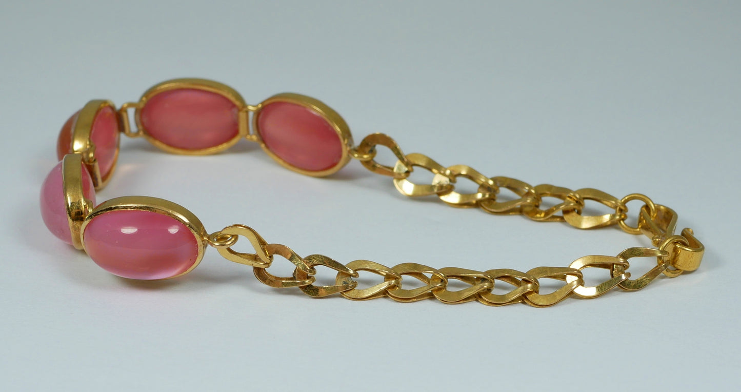Vintage Chinese Solid 21ct Yellow Gold Pink Cat's Eye Stone 16cm 6" Bracelet Cat