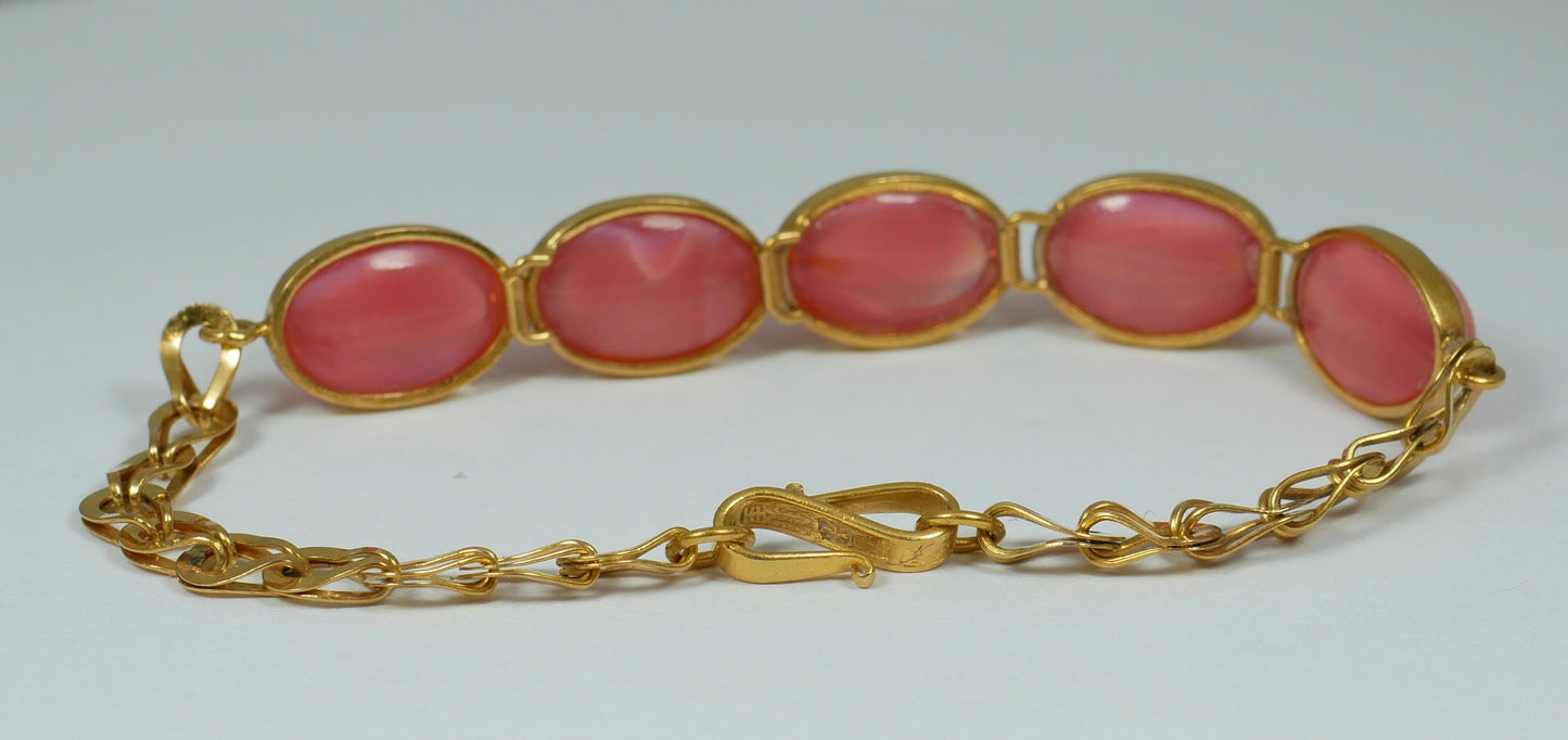 Vintage Chinese Solid 21ct Yellow Gold Pink Cat's Eye Stone 16cm 6" Bracelet Cat