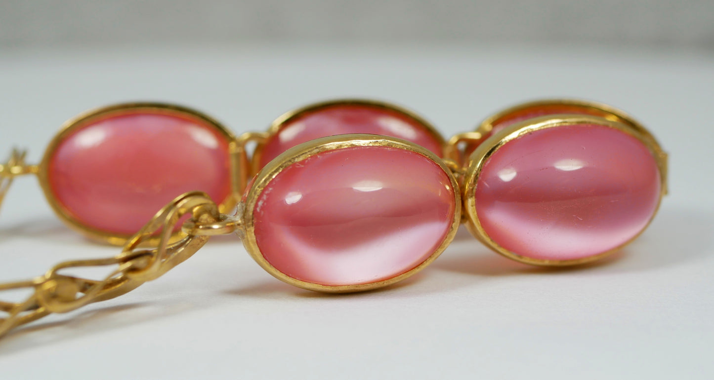 Vintage Chinese Solid 21ct Yellow Gold Pink Cat's Eye Stone 16cm 6" Bracelet Cat