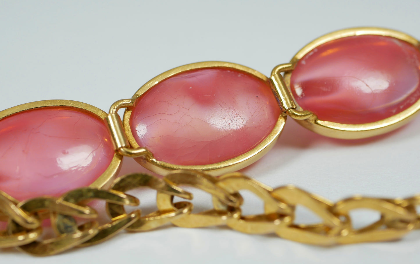 Vintage Chinese Solid 21ct Yellow Gold Pink Cat's Eye Stone 16cm 6" Bracelet Cat