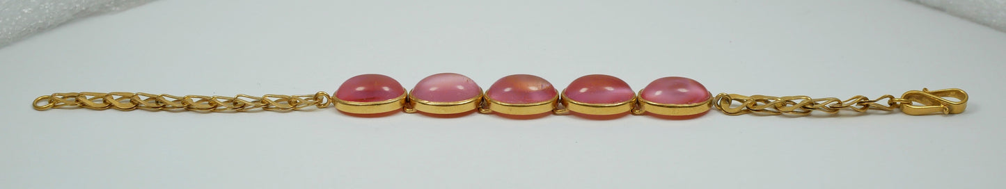 Vintage Chinese Solid 21ct Yellow Gold Pink Cat's Eye Stone 16cm 6" Bracelet Cat
