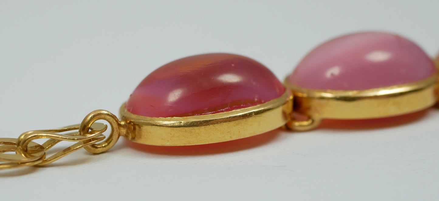 Vintage Chinese Solid 21ct Yellow Gold Pink Cat's Eye Stone 16cm 6" Bracelet Cat
