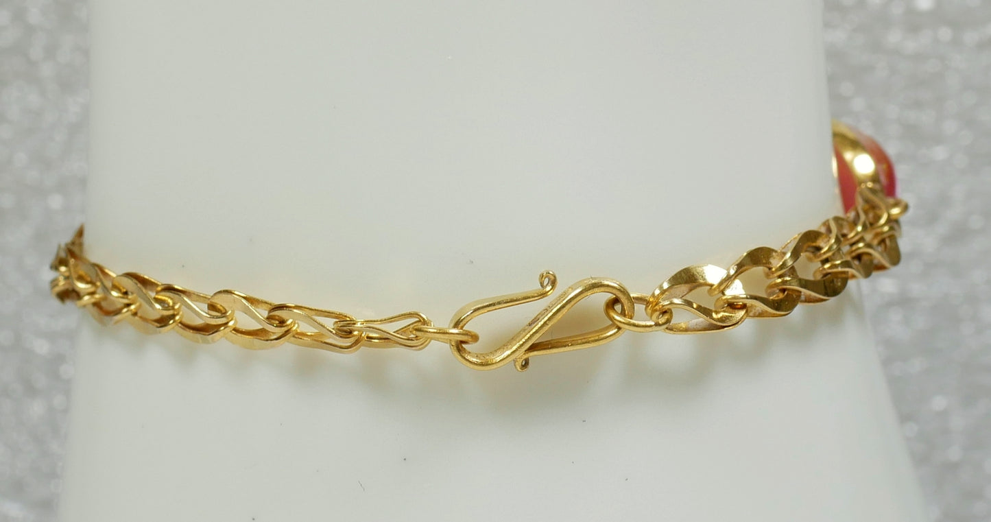 Vintage Chinese Solid 21ct Yellow Gold Pink Cat's Eye Stone 16cm 6" Bracelet Cat