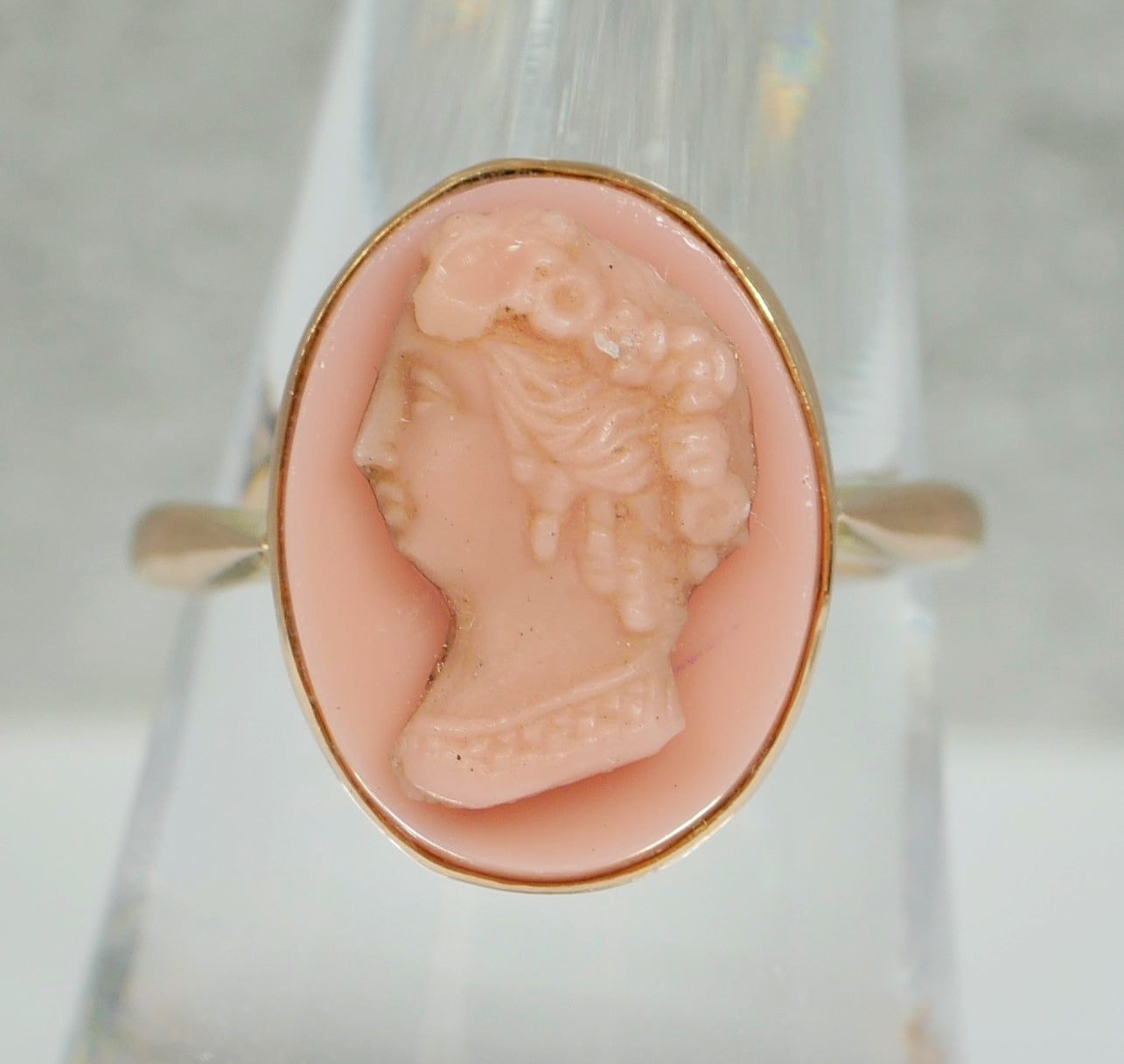 Antique Art Deco Solid 9ct Rose Gold Pink Glass Cameo Dress Ring Size 8 P 56 375