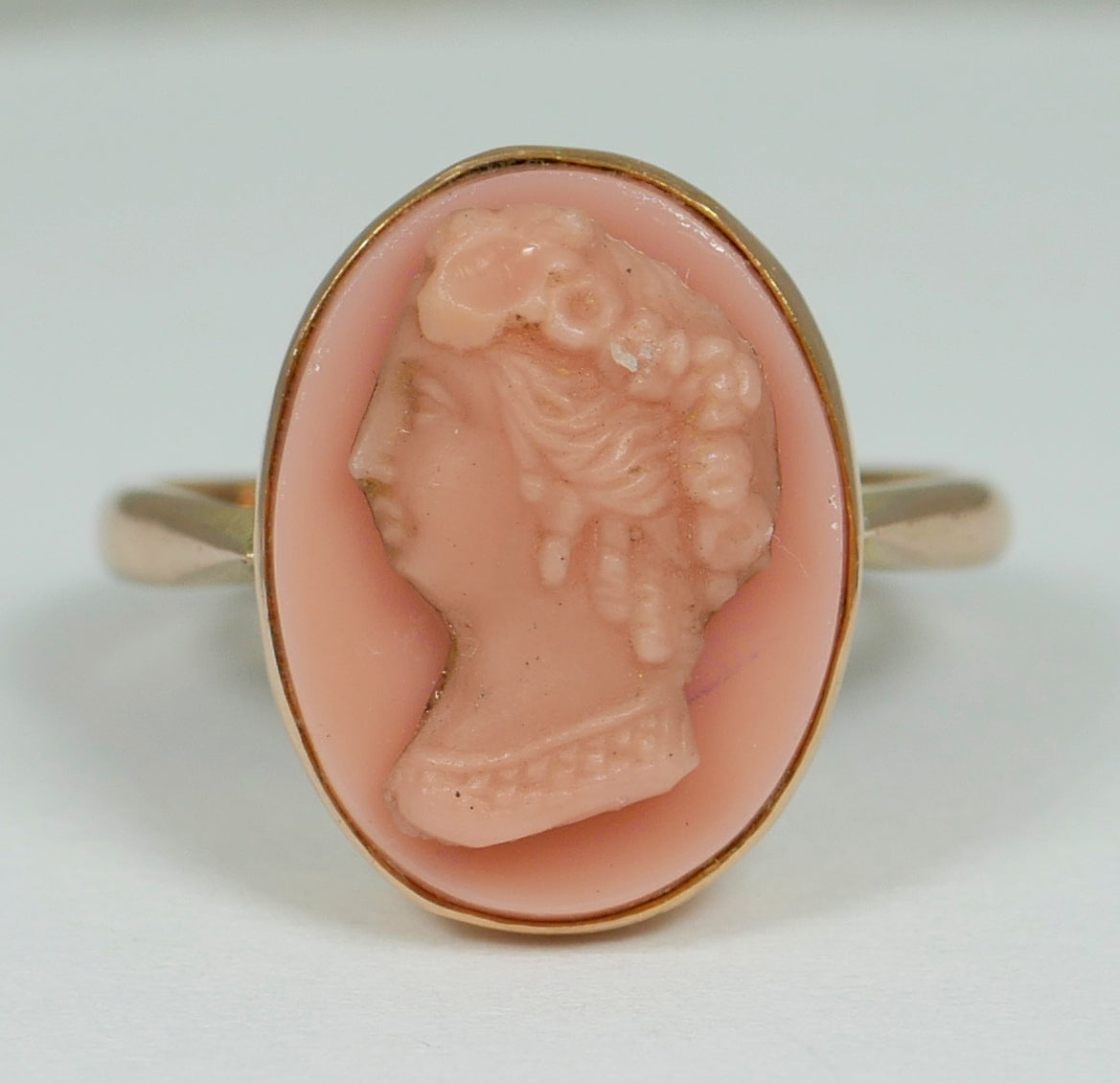 Antique Art Deco Solid 9ct Rose Gold Pink Glass Cameo Dress Ring Size 8 P 56 375
