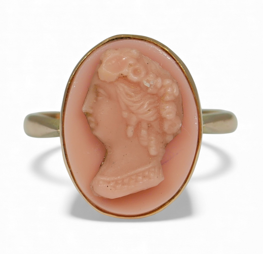Antique Art Deco Solid 9ct Rose Gold Pink Glass Cameo Dress Ring Size 8 P 56 375